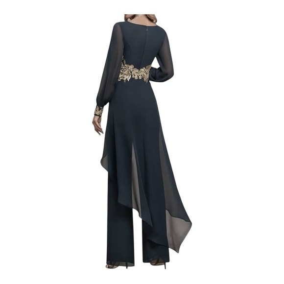 Black and Gold Appliqué 2 piece Pants suit set Semi Sheer Long Sleeves NWT Sz 10 - Picture 2 of 9